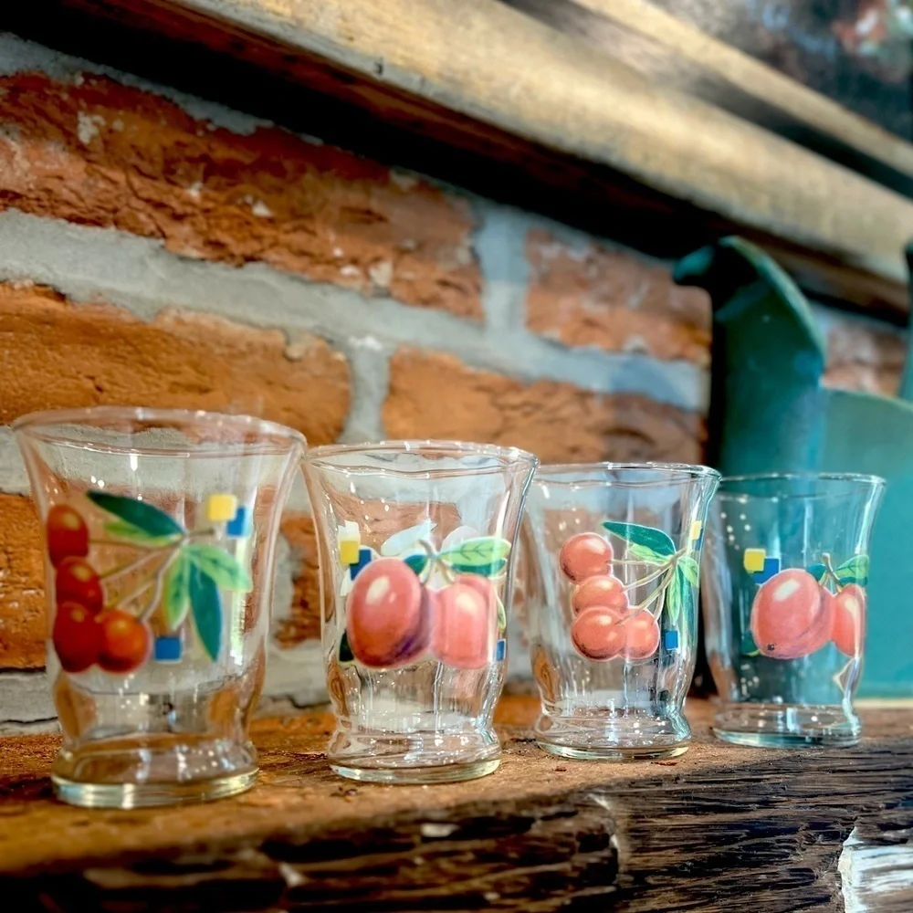 Vintage Mid-Century Cherry Fruit Pattern Cordial Shot Glasses- set of 4